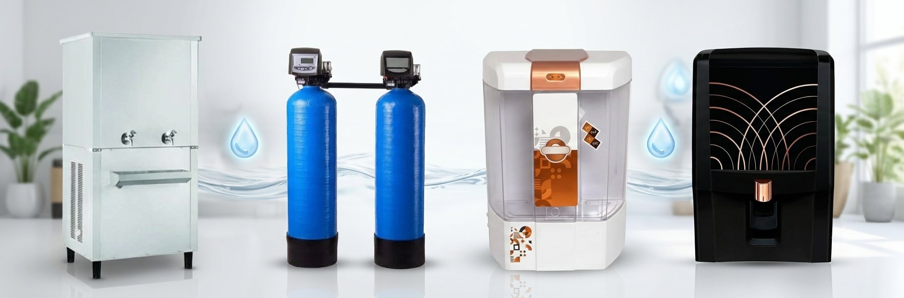 RK Smart Water Tech product range — water cooler, water softener, RO purifier and Aquaguard purifier