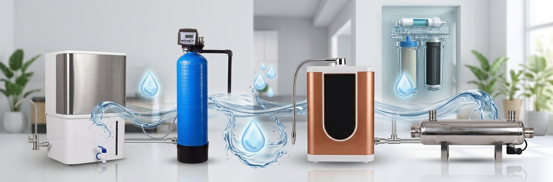 RK Smart Water Tech product range — RO purifier, water softener, alkaline ioniser and UV filter