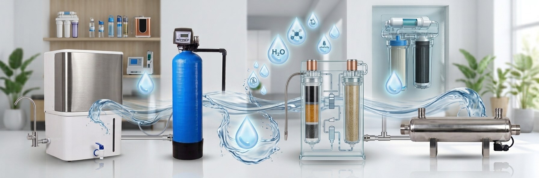 RK Smart Water Tech product range with filtration cartridges and UV filter cutaway view